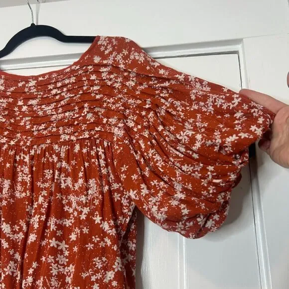 Free People Dessa Bodysuit Orange Floral Puff Sleeves Size XS - Picture 6 of 10